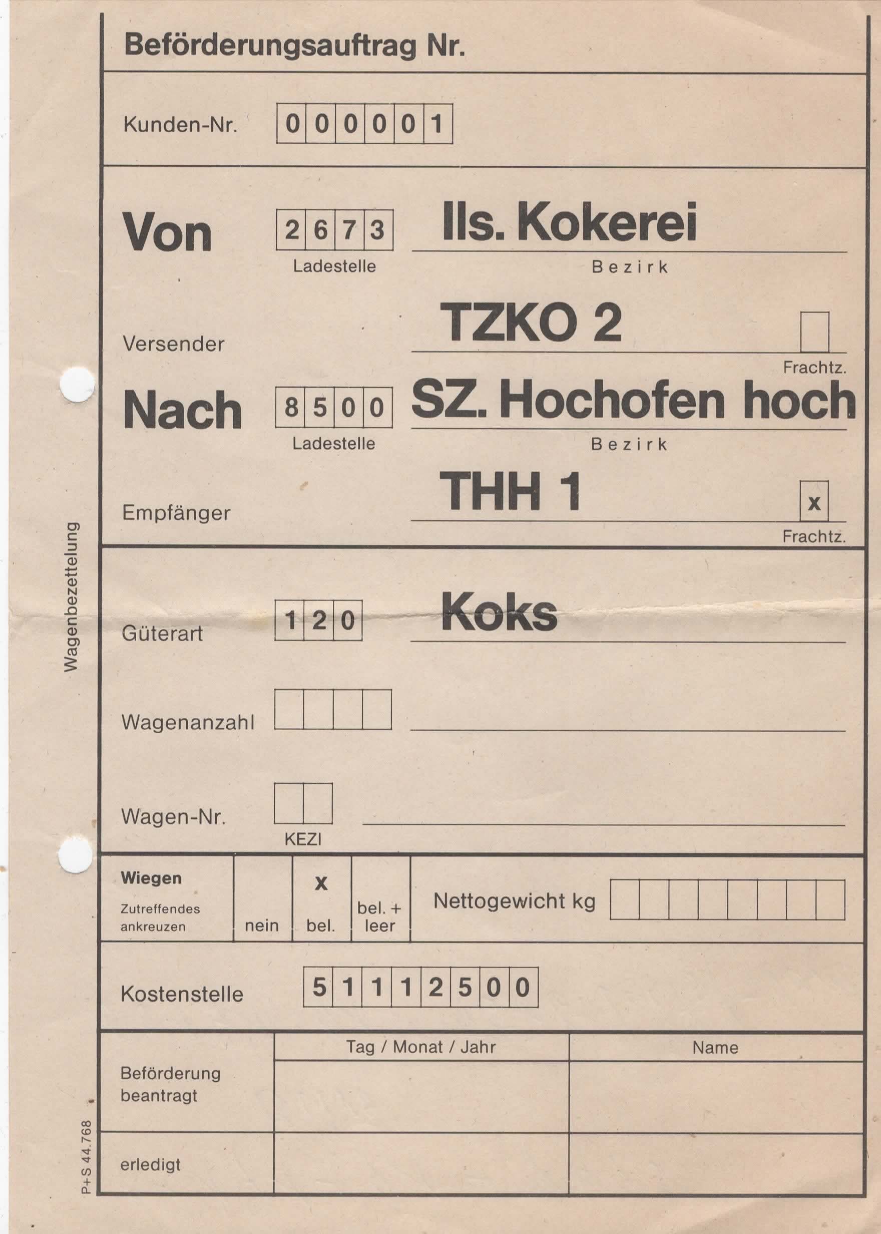 Historischer Beförderungsauftrag der Ilseder Kokerei. Aufgegeben wurde Koks für den Transport zum Hochofenbetrieb in Salzgitter.